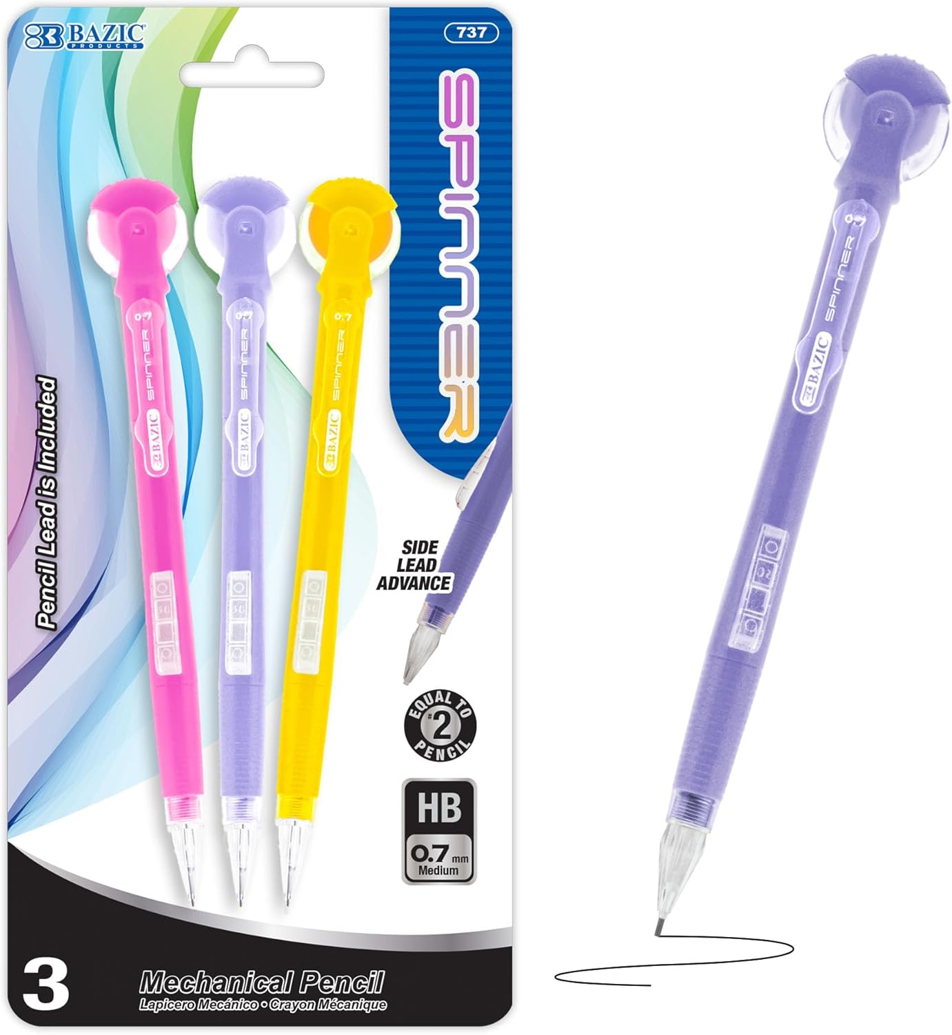 BAZIC Products Mechanical Pencil 0.7mm Spinner, Latex Free Eraser, Smooth Writing Pencils Lead for Drafting Drawing Sketching (3/Pack), 24-Packs