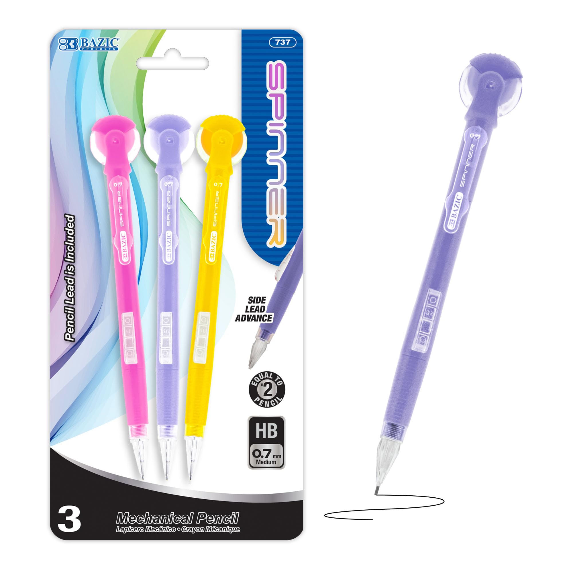 BAZIC - Portaminas giratorio de 0,5 mm, borrador sin látex, lápices de escritura suave para dibujar, dibujar y dibujar (paquete de 3)
