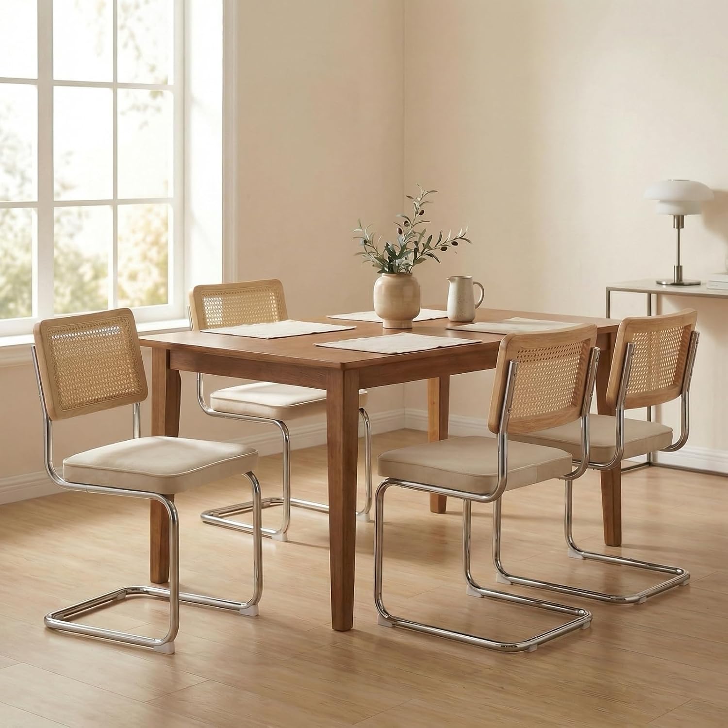 Rattan Dining Chairs Set of 4, Mid-Century Modern Kitchen Chairs with Cane Back, Beige Velvet Upholstered Dining Room Chairs with Chrome Cantilever Base, Sillas de Comedor (Beige, 4 Pcs)
