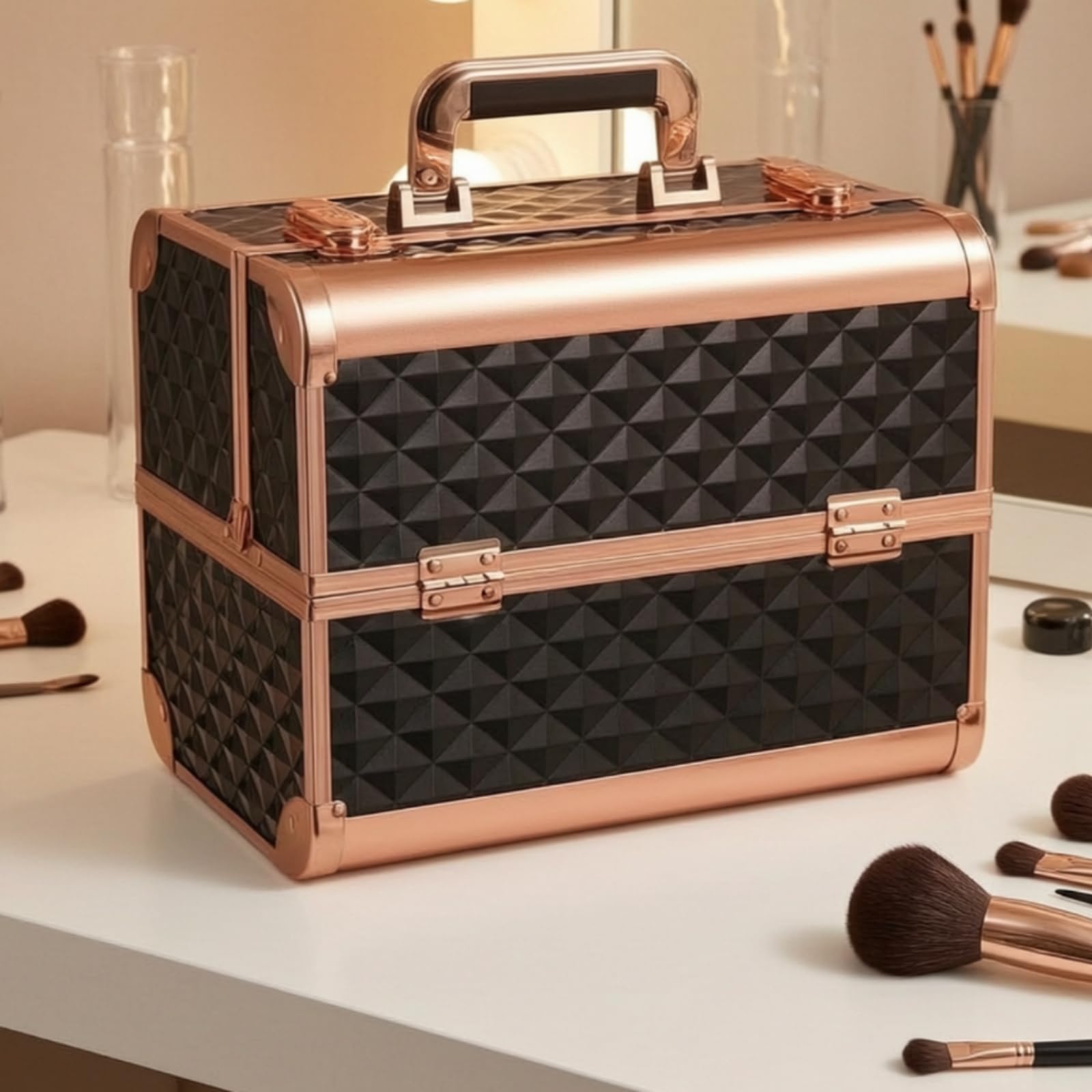 Valigetta Trucco Professionale Valigia Cosmetica Organizer Beauty Box Porta Trucchi con Vassoi Estensibili in Lega di Alluminio con Serratura E Angoli, style to 2