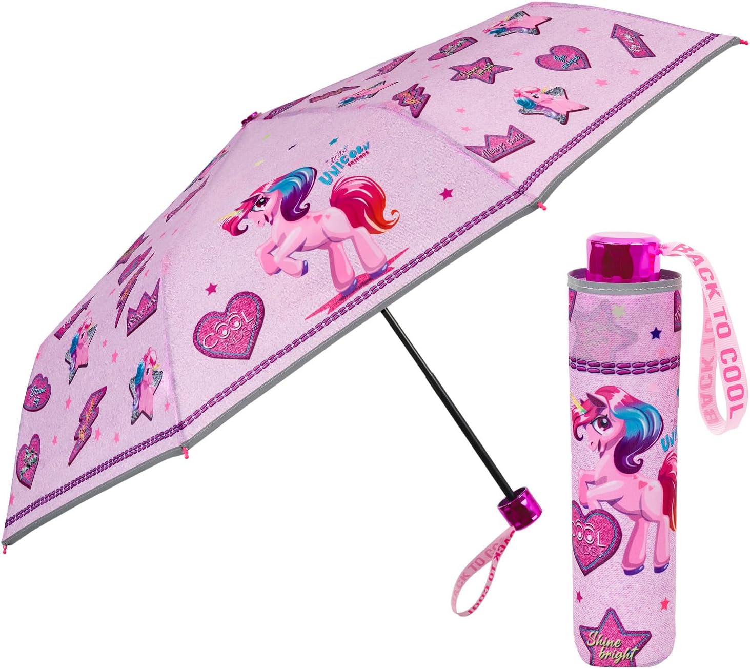 Ombrello Unicorno Rosa con Cuori e Stelle