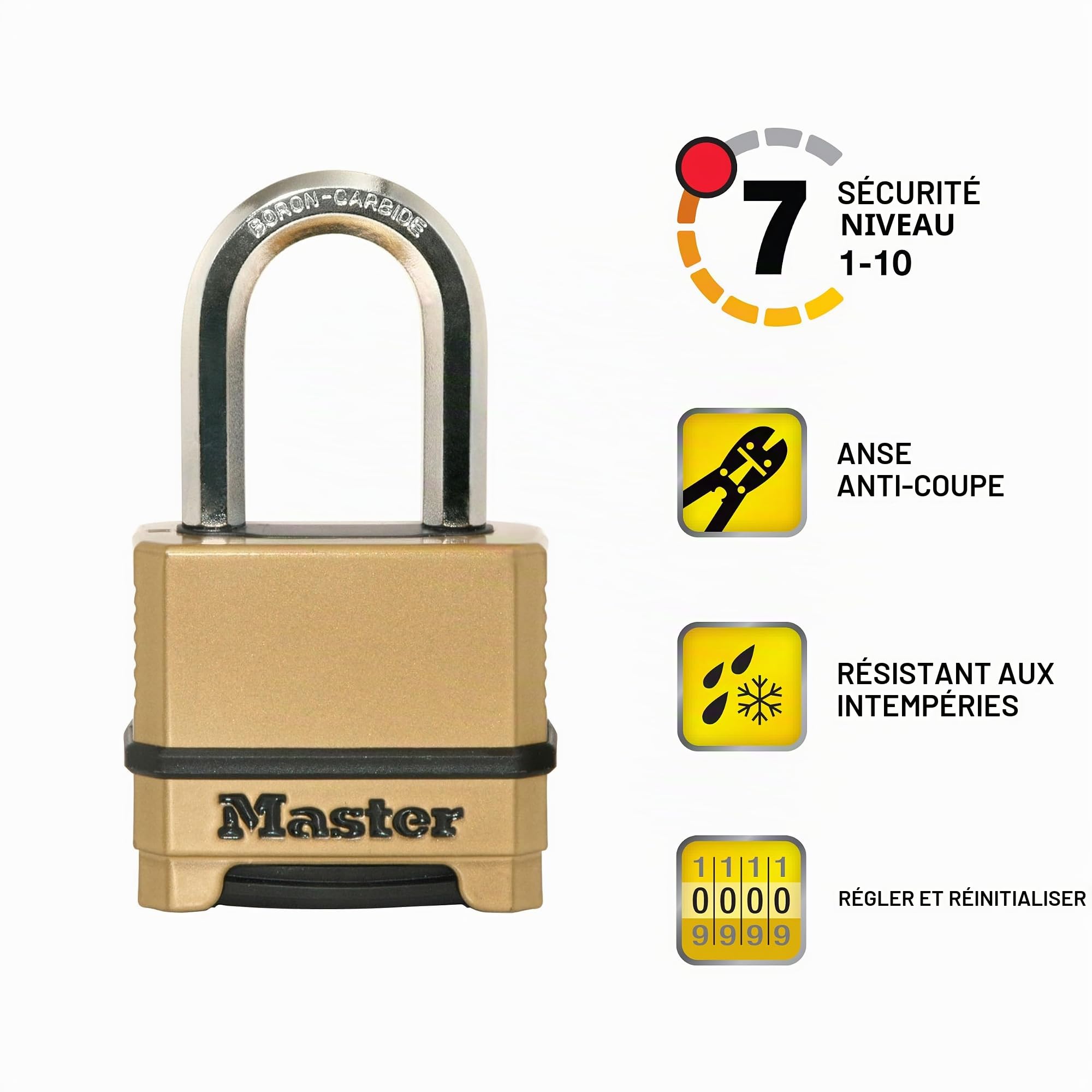 Master Lock, M175LFEC2 Lot de 2 cadenas robustes et résistants aux intempéries, serrure à combinaison réinitialisable pour extérieur, doré, 3 x 5,1 x 9,8 cm
