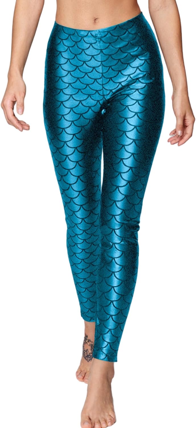Wildarms Women's Mermaid Scale Leggings - Shiny Green Fish Print Stretch Costume for Halloween,Cosplay,Christmas Outfit
