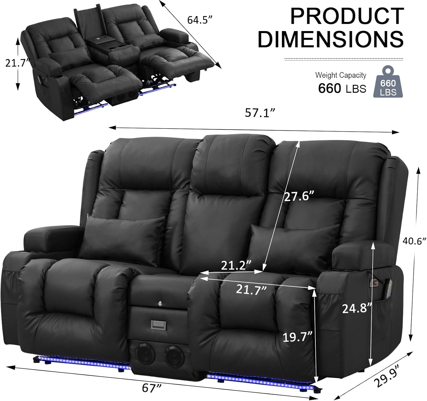 Loveseat Recliner Chair, Leather Sofa with Massage & Heating, Home Theater Seating with Console Power Recliner with Outlet/LED Light/Cup Holders/Speaker/USB Port (Black, Loveseat with Console)