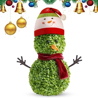 Christmas Snowman Topiary, 21 inch Artificial Snowman Shaped Insert Stake with Santa Hat Decoration, 3D Snowman Topiary for Holiday Christmas Indoor Outdoor Home Porch Lawn Yard Decor (Green_E)