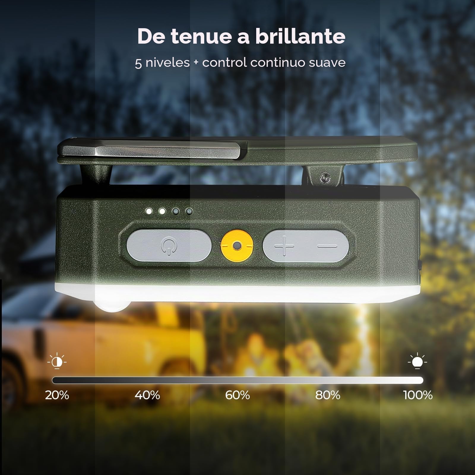 BougeRV Lámpara de camping con 3200 mAh, luz con sensor recargable, 380 lúmenes, linterna de camping con gancho e imán, para camping, viaje, emergencia, color verde oscuro
