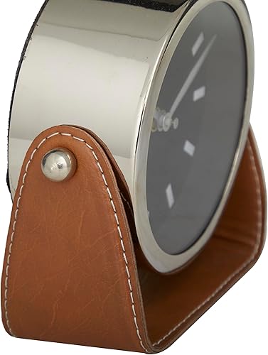 Miniatura 2 de Deco 79 Reloj de acero inoxidable con soporte de cuero, 6" x 3" x 6", plateado