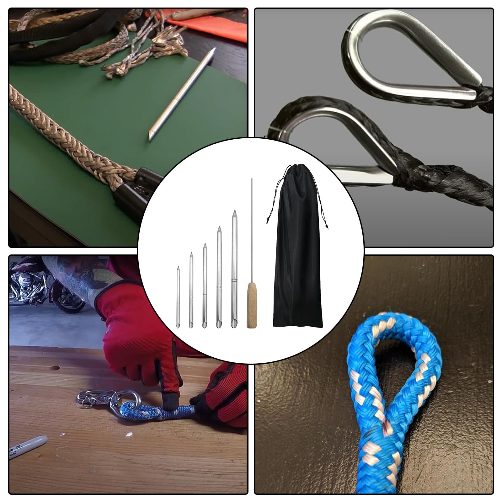 7 Piezas Kit Herramientas Empalmar Cuerdas, Acero Inoxidable Con Empujador Y Bolsa Almacenamiento Para Cuerdas Doble Trenzado 1/4" 5/16" 3/8" 7/16" 1/2" Para RáPida RecuperacióN Y Empalme