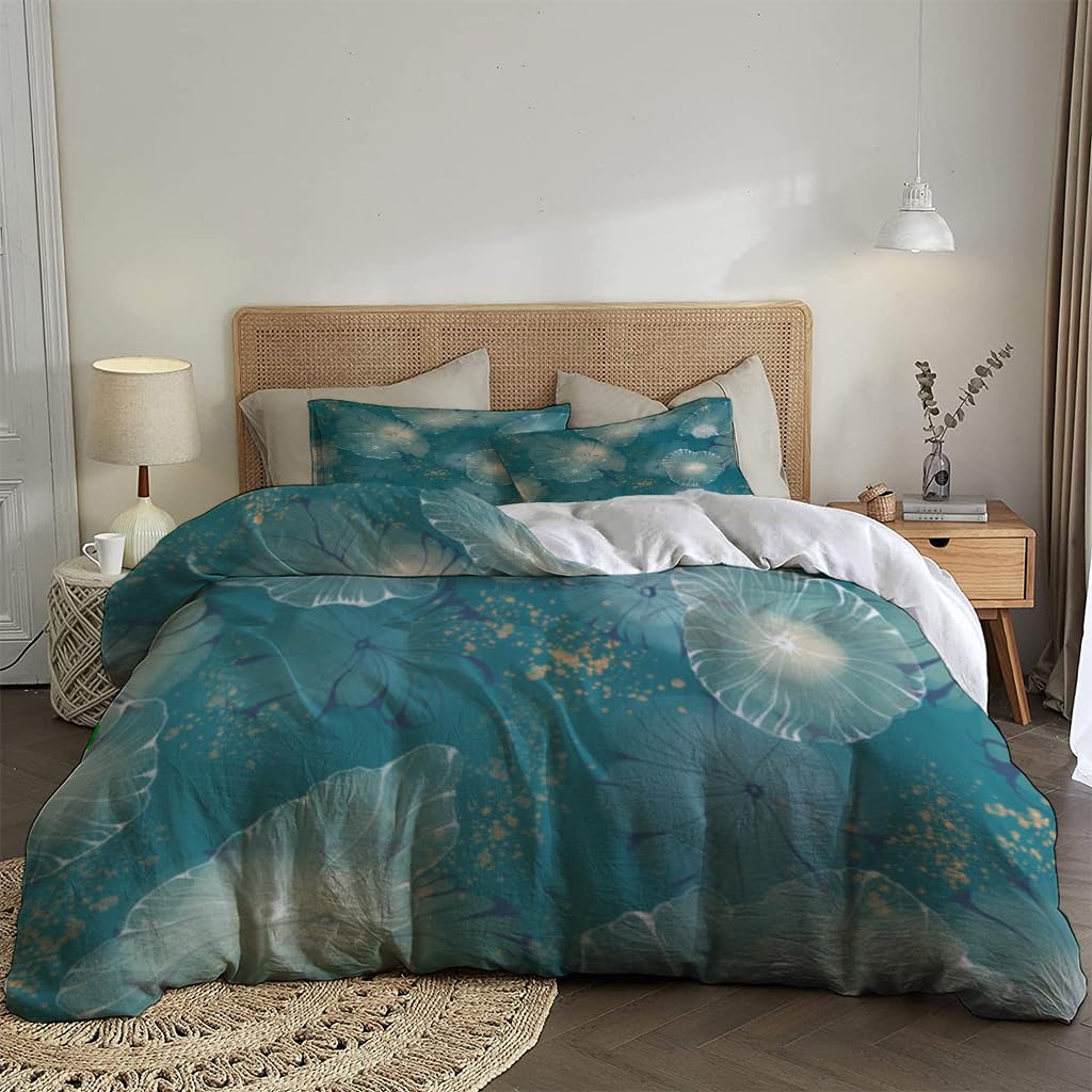 NIBAINLO 布団カバー抽象的な緑の水彩画クラゲ風の葉 肌に優しい ピーチスキン加工 掛け布団カバー 和式 洋式 あったか 布団カバーセット リバーシブル ホームステイ ホテル 家庭兼用