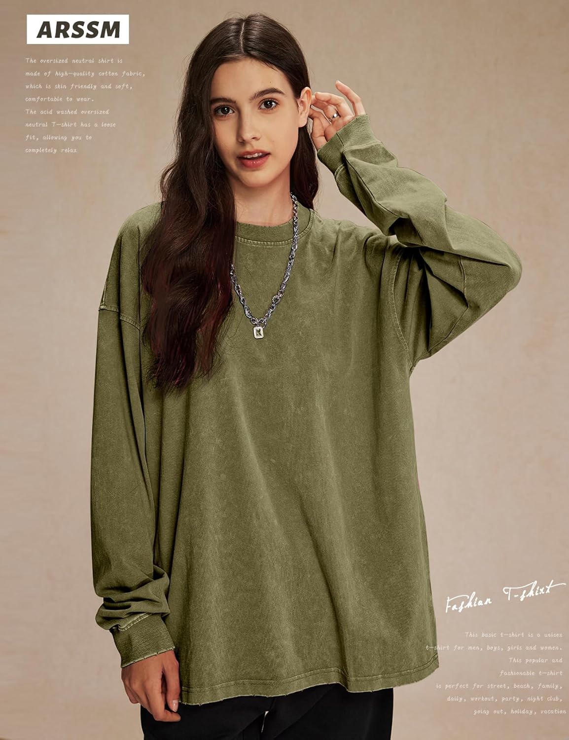 Arssm Oversized T-Shirts for Women Cotton Long Sleeve Vintage Acid Wash Baggy T Shirts - Image 5