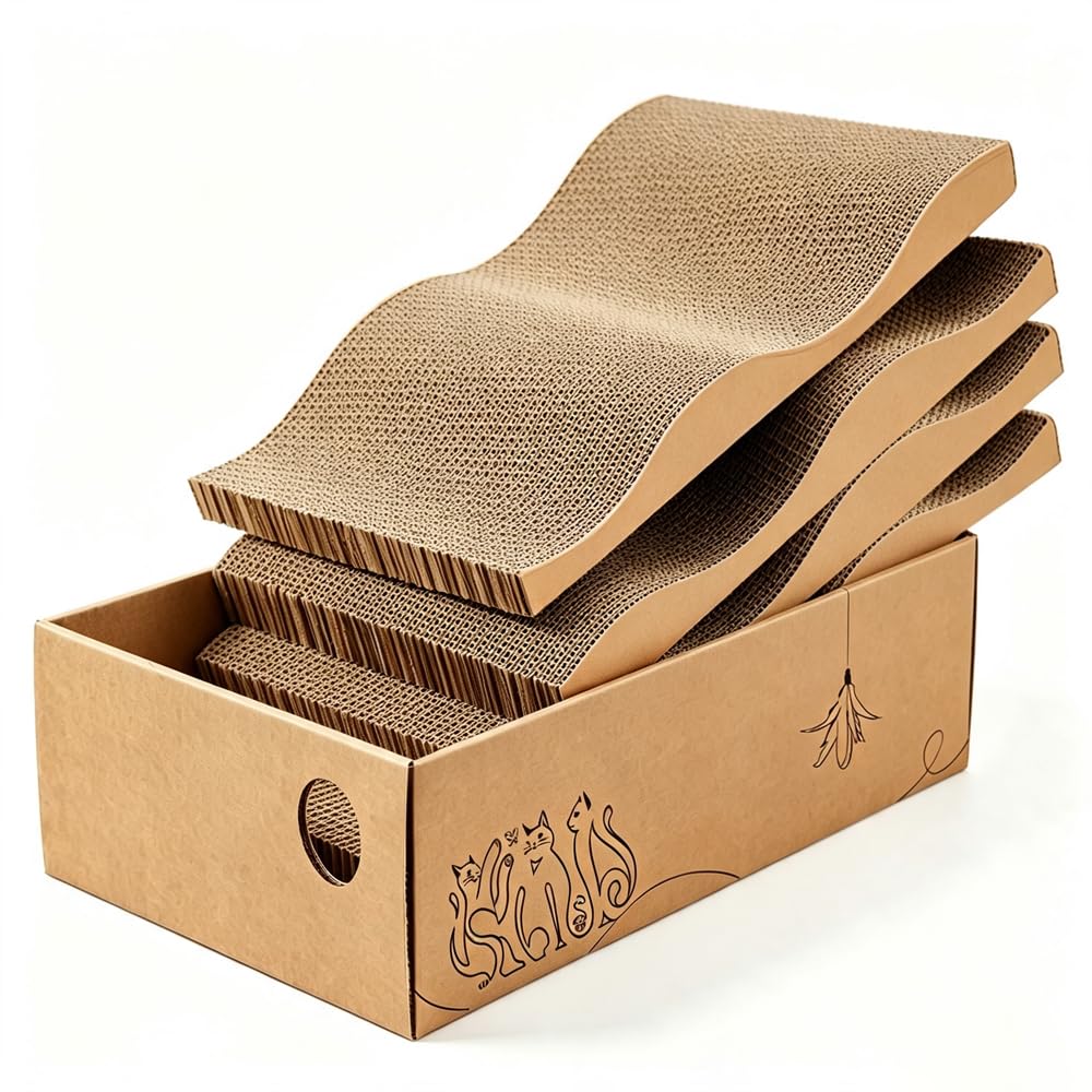 MUAEEOK Lot de 5 grattoirs en carton avec boîte - Réversibles - Pour chat - Pour petits chats - Pour se reposer et jouer - Convient pour un maximum de 5 kg (3 chats, 42 x 30 x 14,5 cm)
