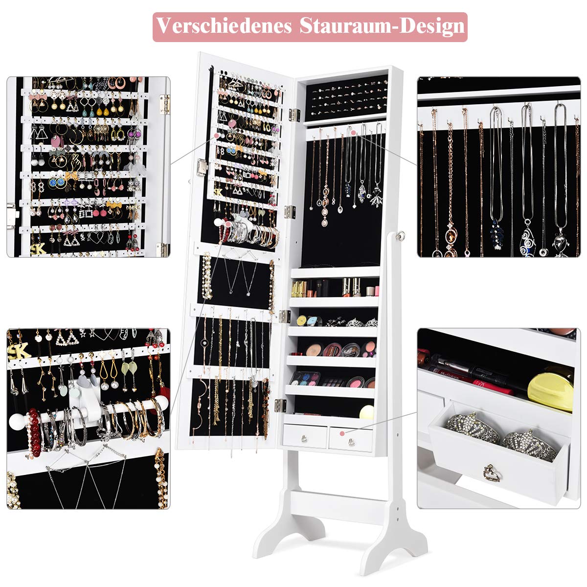 COSTWAY Schmuckschrank abschließbar, Schmuck Spiegelschrank mit Spiegel, Schmuckregal für Ringe, Kettenhaken, Ohrringe und Kosmetik, freistehend, weiß