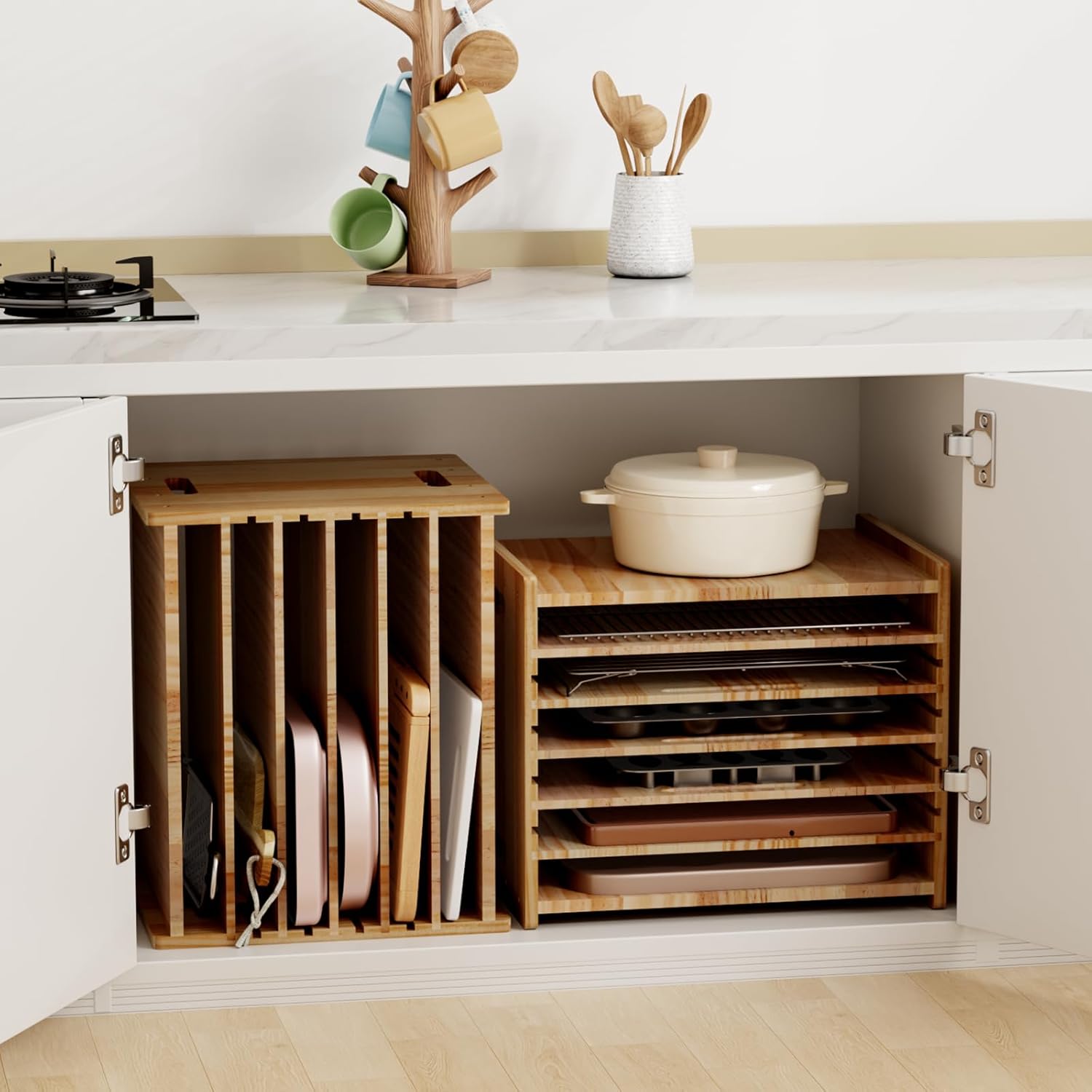 7 Tiers Cookie Sheet Organizer for Cabinet, Wooden Tray Dividers for Kitchen Cabinets Baking Sheet Pan Organizer, for Heavy Pans, Cutting Board, Bakeware, Kitchen Cupboard Storage, Solid Wood - Image 7