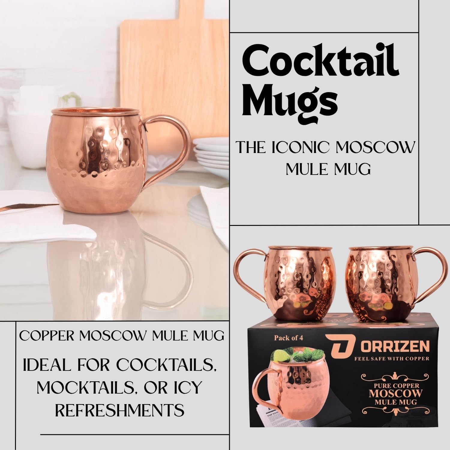 Hammered moscow Mule Copper cups with handle 100 pure copper for drinking copper moscow mule mug set of 4-16 oz cocktail, beer mugs, cooper cups for water, mugs set