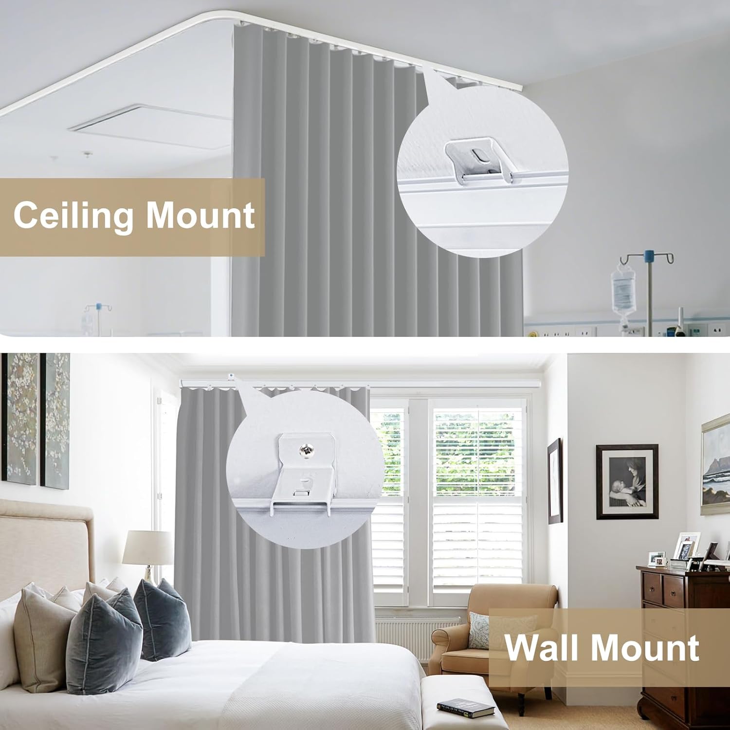 Room Divider Curtains with Flexible Curtain Track Set, Blackout Privacy Curtains Bendable Track Wall Mounted for Living Room Bedroom Separation, 1 Panel Gray Drape and White Rail, W108 x L108in