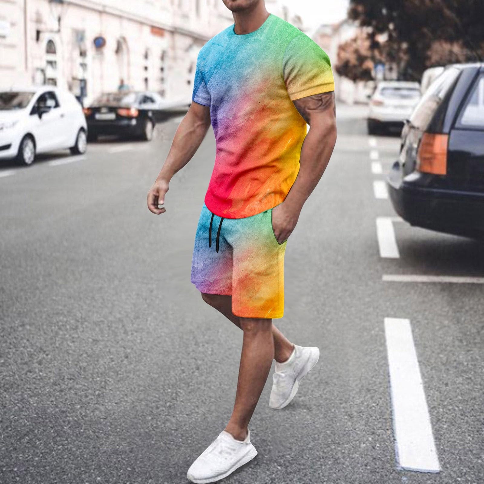 Pride Outfit LGBTQ Costume pour homme avec t-shirt arc-en-ciel et short CSD Party Jogging Drapeau arc-en-ciel Survêtement fluo multicolore été Festival Tenues Fitness