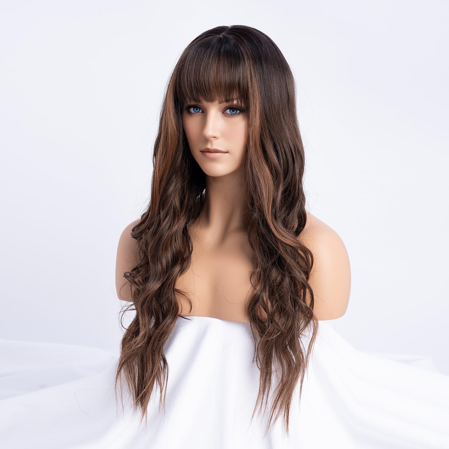 SIMKAYLEE Long Wavy Ladies Dark Brown Wig with Two Highlights Bangs Water Wave Curly Synthetic Chocolate Brown Wigs Highlighted with Fringe for Women Daily Carnival New Years Cosplay Party Use(26inch) - Image 4