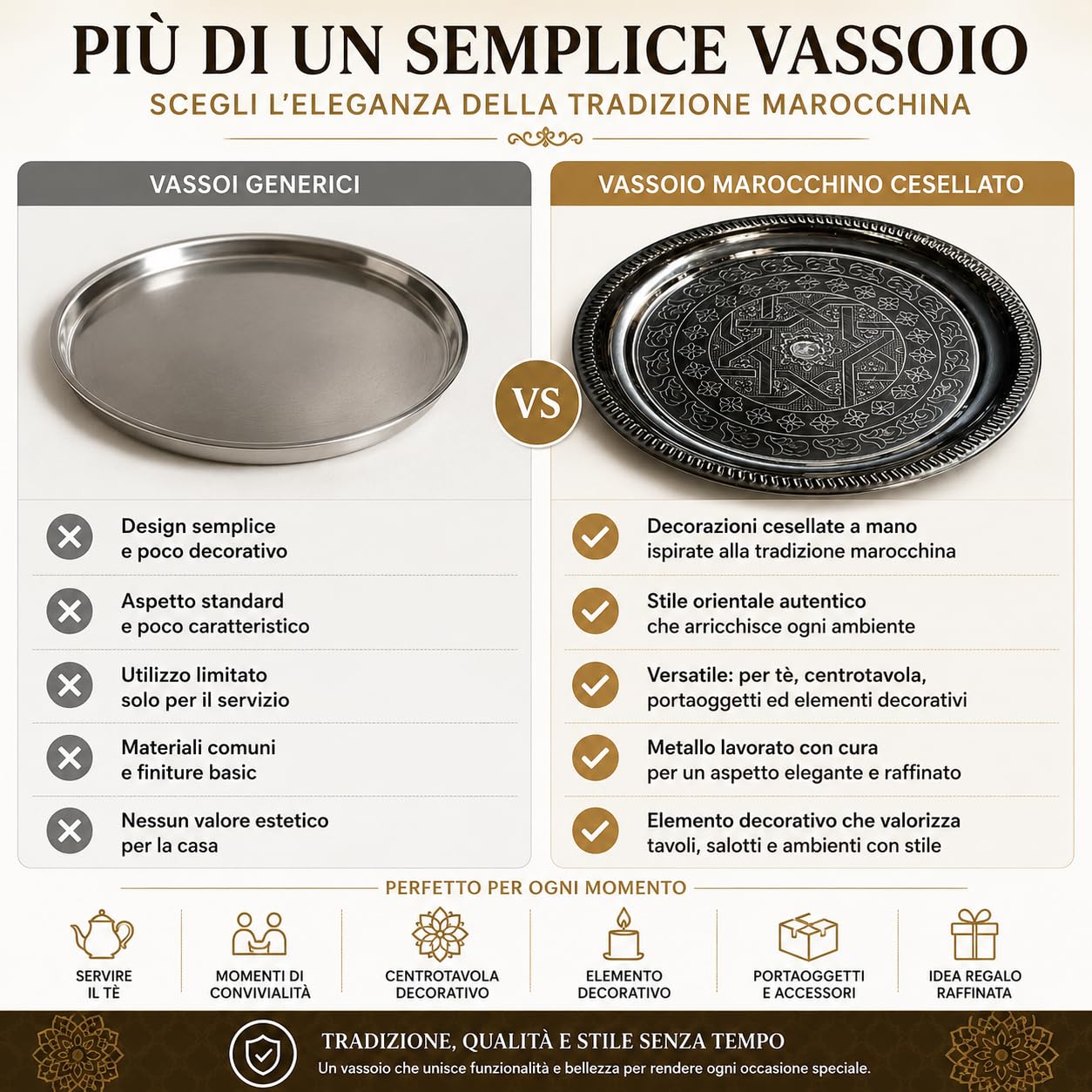 Vassoio Marocchino in Metallo Cesellato a Mano, Rotondo, Stile Orientale, Ø 30 cm, per Tè e Decorazione