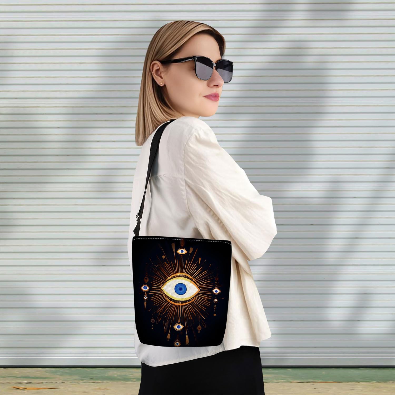 Evil Eye Print Canvas Crossbody Bag, Adjustable Strap Lightweight Purse with Top Zipper & Inner Pocket, Daily Shoulder Bag Gift for Women -1 - Image 7