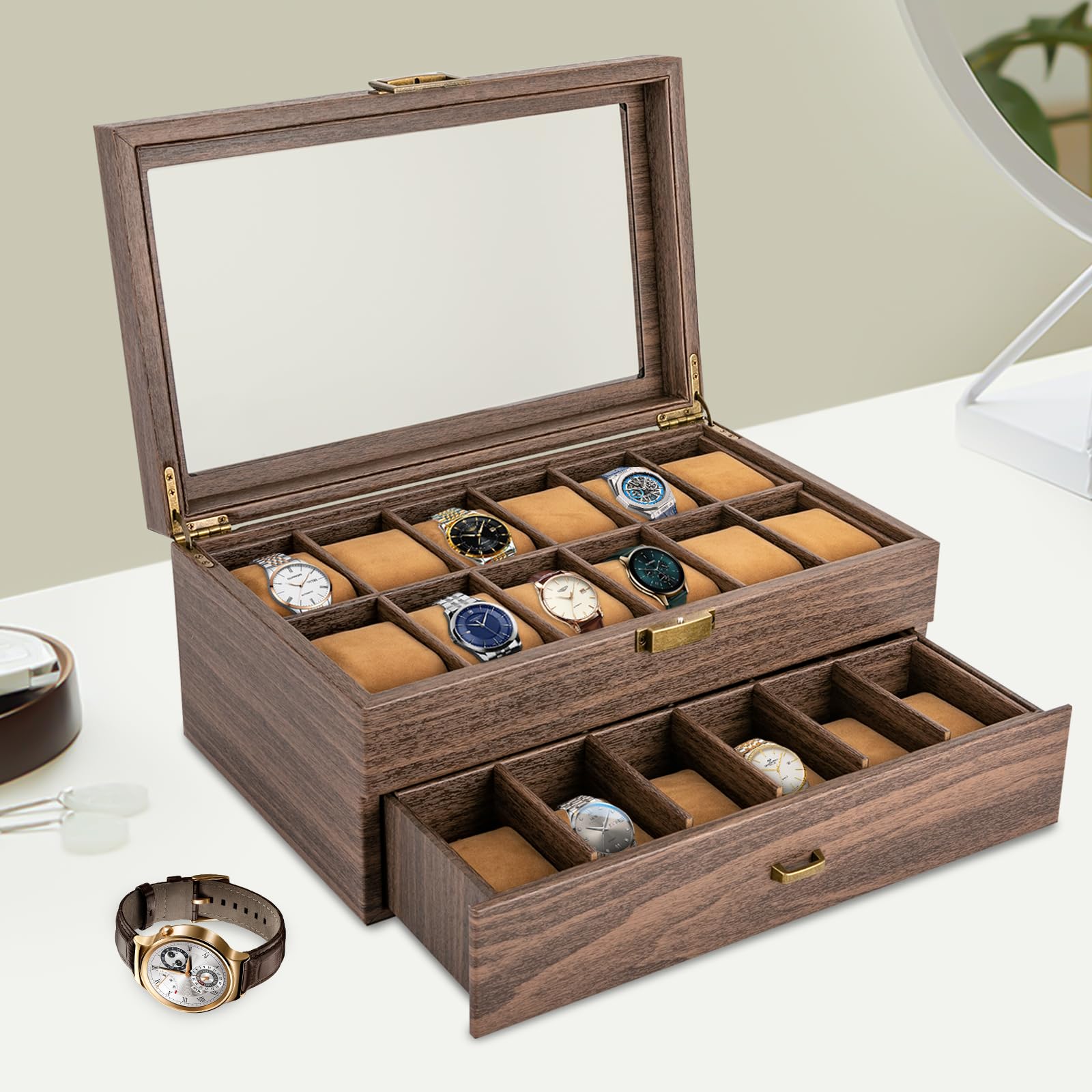 Watch Box 24 Slots 2-Tier Wooden Watch Case for Men Jewelry Display Holder