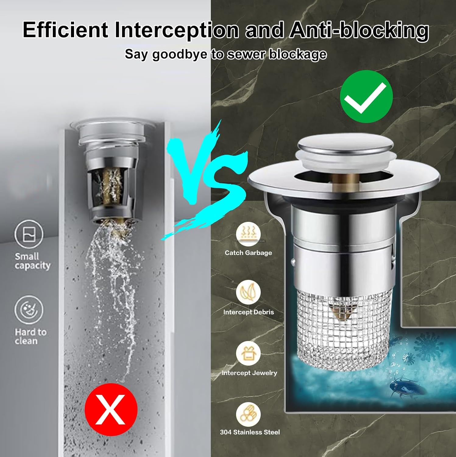 JFX Bathroom Sink Drain Strainer, (2PCS) Bathroom Sink Stopper with Removable Stainless Steel Strainer Basket Hair Catcher, Pop-up Sink Drain Strainer for Us Bathroom Sinks, Bathtubs, Showers