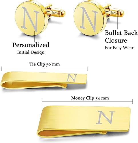 Miniatura 6 de LOYALLOOK 4Pcs Stainless Steel Engraved Initial Cufflinks and Tie Bar Money Clip Set Personalized Button Shirt Initials Tie Clip Alphabet Letter A-Z