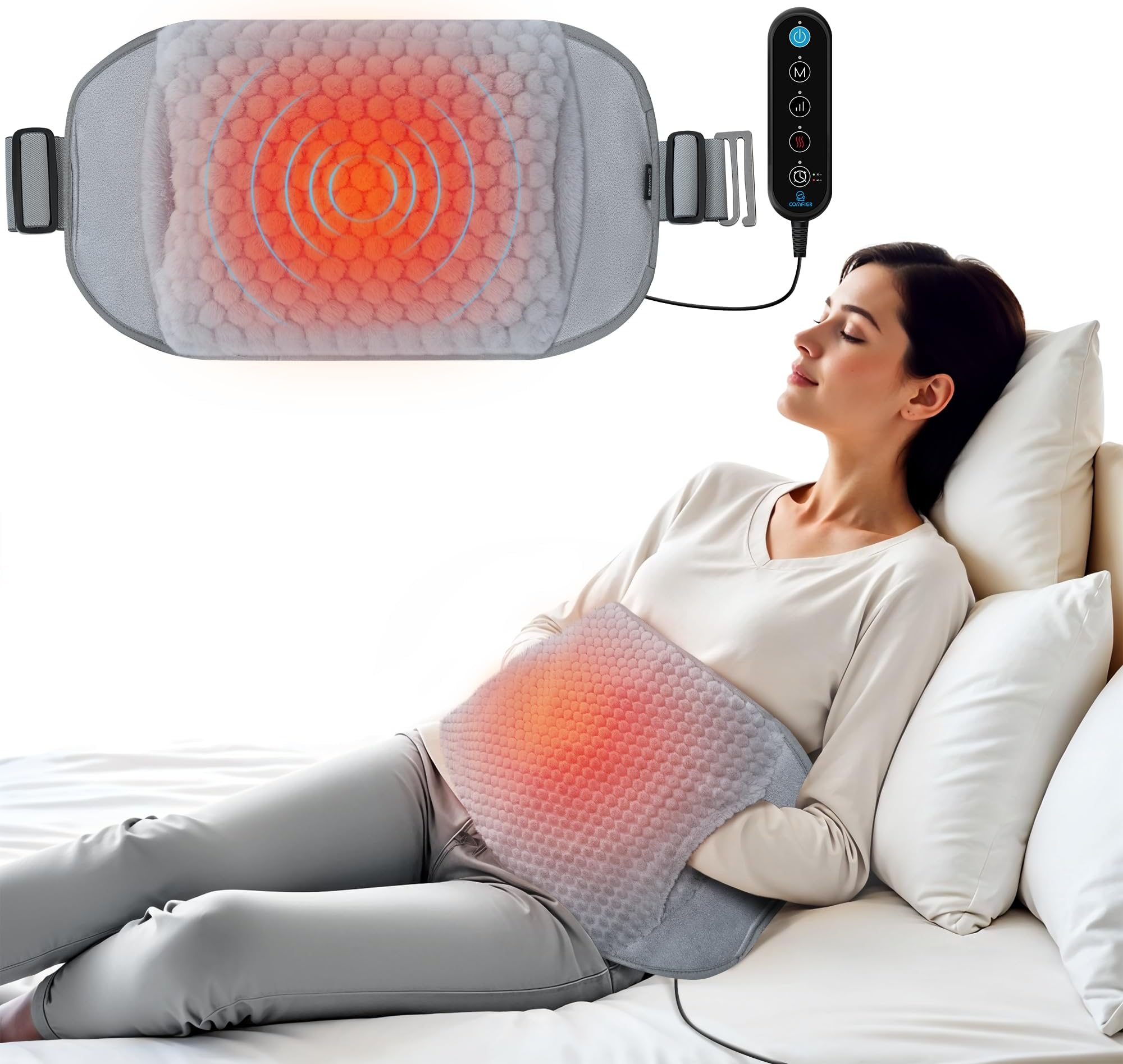 COMFIER Heating Pad with Massager for Back Pain,Extra Large Size Heating Pads for Cramps,Auto Shut Off,Wired Heated Waist Belt with 3 Vibration Modes,Grey