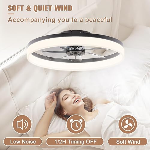 Miniatura 38 de VOLISUN Ventiladores de techo de perfil bajo con luces y control remoto, ventilador de techo empotrado, 3000 K-6500 K, luz LED inteligente sin Negro