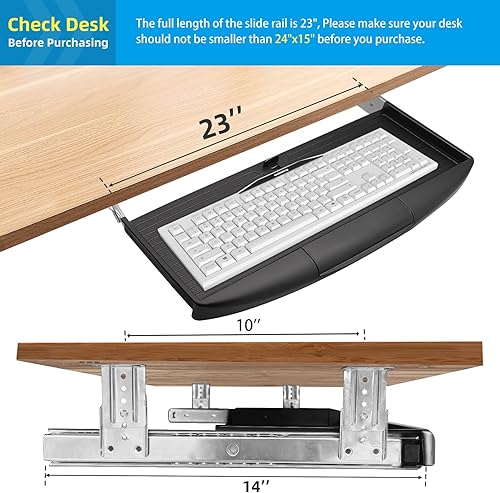 Miniatura 4 de Bandeja de teclado para debajo del escritorio, 22 pulgadas de ancho x 11 pulgadas de profundidad, bandeja extraíble para teclado para escritorio,