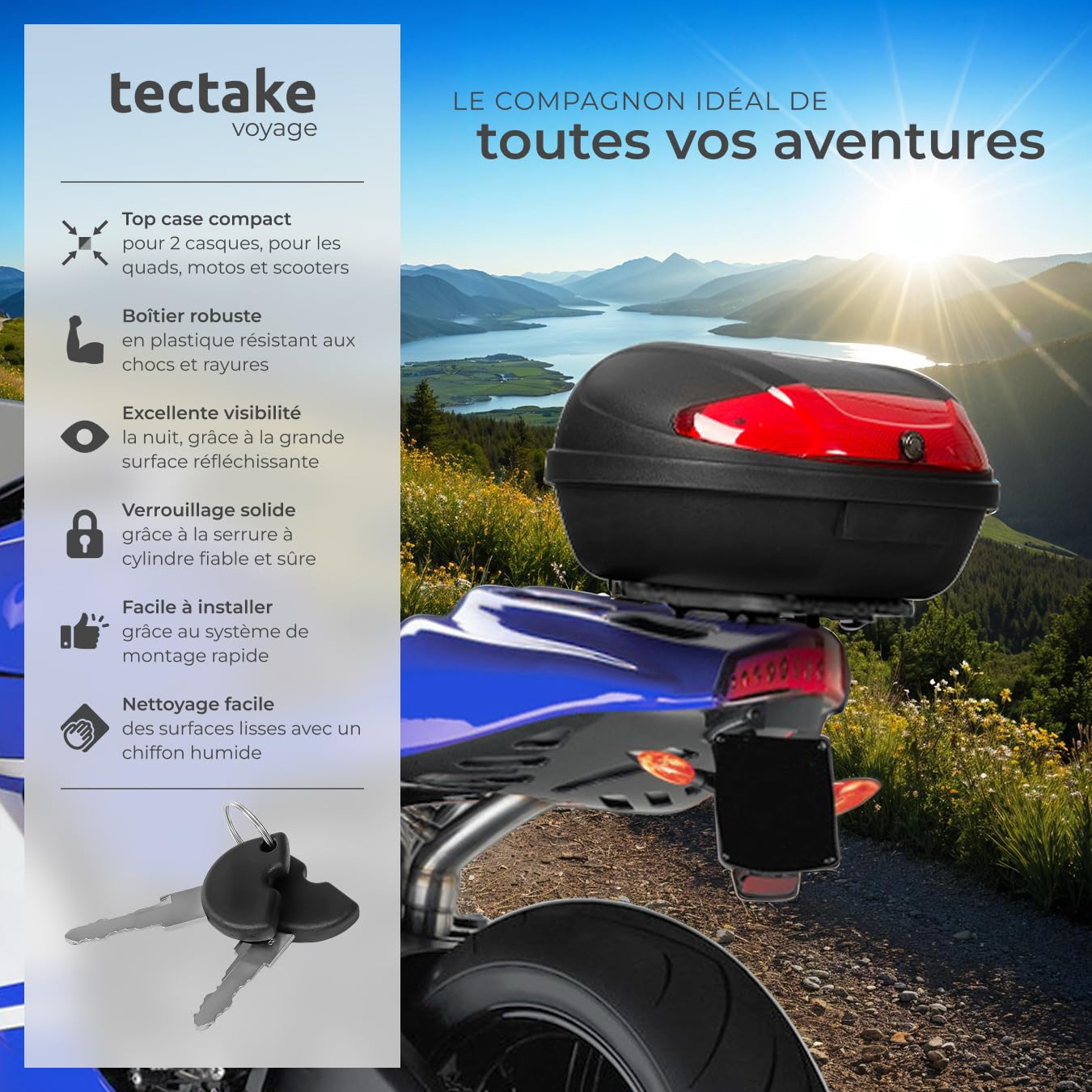 tectake® Top Case Universel XXL pour Moto Scooter Quad Buggy Mobylette avec Kit de Fixation et 2 Clés de sécurité, Réflecteur extralarge, 48L, Casque Moto ou Casque Scooter, Coffre Quad