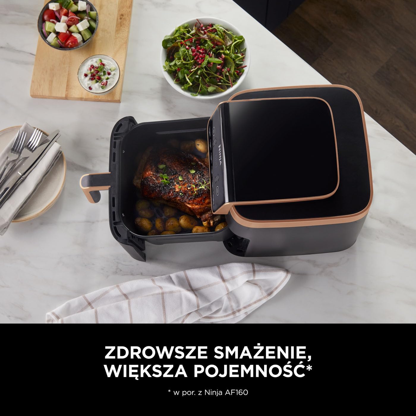 Ninja Air Fryer MAX PRO Frytkownica beztłuszczowa 6,2 l, nie używa oleju, jedna duża kwadratowa szuflada, rozmiar rodzinny, powłoka nieprzywierająca, kosz i talerz na chrupiące dania, AF180EUCP