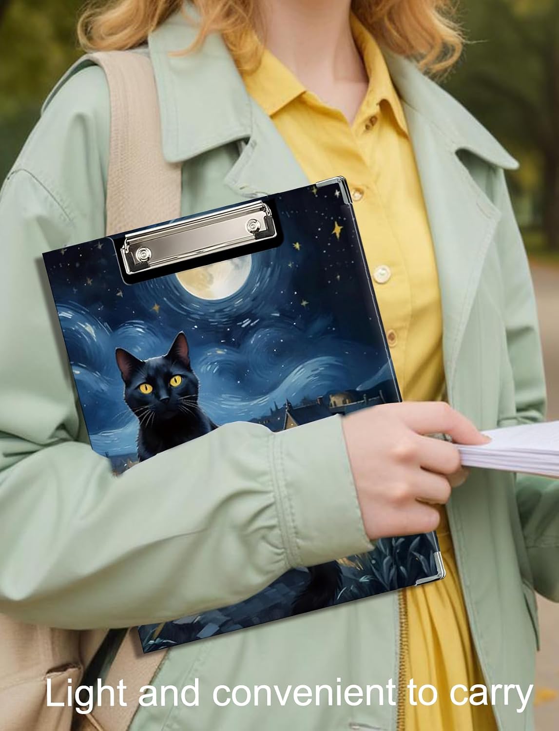 Starry Night Black Cat Clipboard with Storage for Classroom Office Desk, Cat Lover Gifts, Mystical Celestial Moon Kitten Padfolio with Clipboard for Nurses Teachers Students, 12.5x9 in image 3