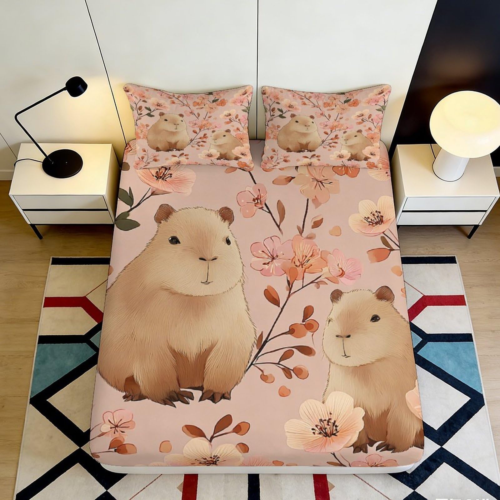 3D Printed Capybara Floral Fitted Sheet Microfiber Soft Pink Animal Bed Cover for Bedroom Guestroom Dorm Mattress Protection 90x200x25cm