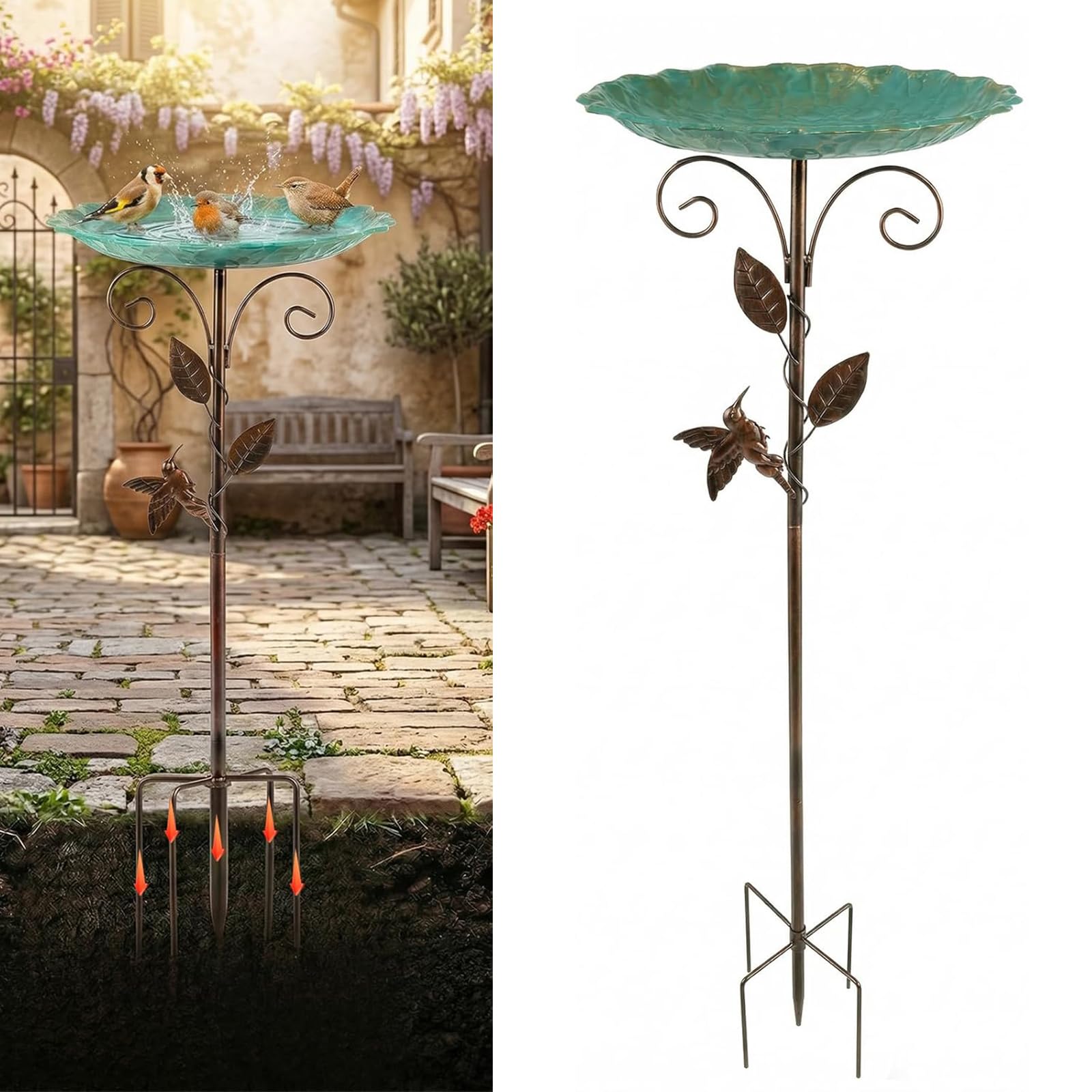 Baño para Pájaros de Metal, Bebedero Pajaros Silvestres Exterior con Base 4 Puntas, Bird Bath con Estaca para Jardín y Césped, Vintage Bebedero para Pájaros de Pie y Comedero Decoración