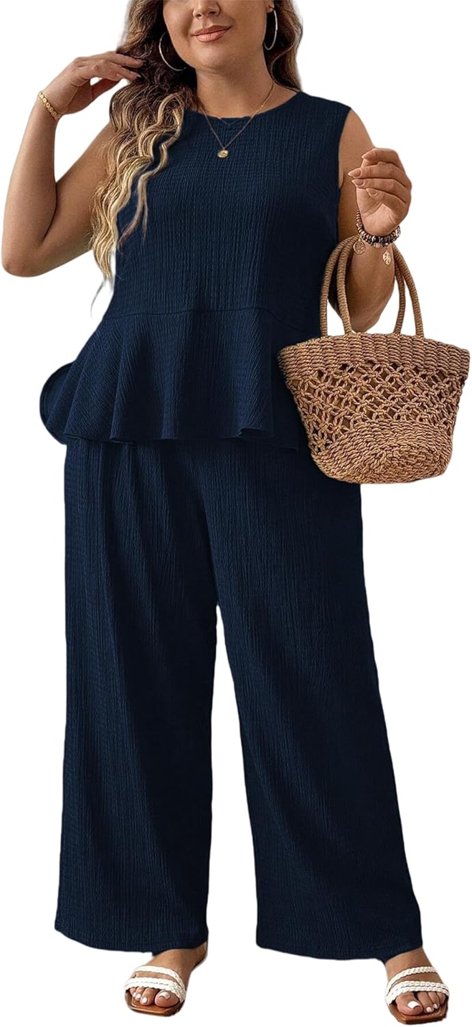 Women's Large Size Sleeveless Ruffle Top Wide Leg Pants Two-Piece Set, Woman Sleeveless Top Capri Pants Travel Outfits