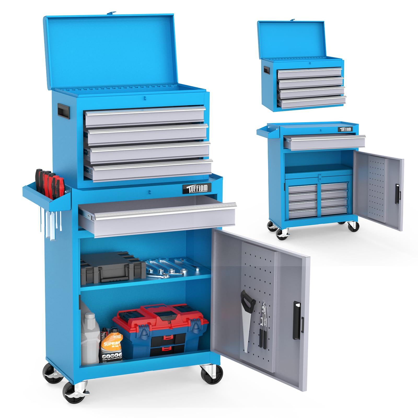 TUFFIOM 5-Drawer Rolling Tool Chest, Tool Storage Cabinet w/Drawers, Lockable Wheels, Detachable Top & Adjustable Shelf, Mechanic Tool Organizer Box