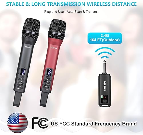 Miniatura 5 de Micrófonos inalámbricos recargables duales, sistema de micrófonos inalámbricos de mano profesional con control de agudos de eco BASS VOL para