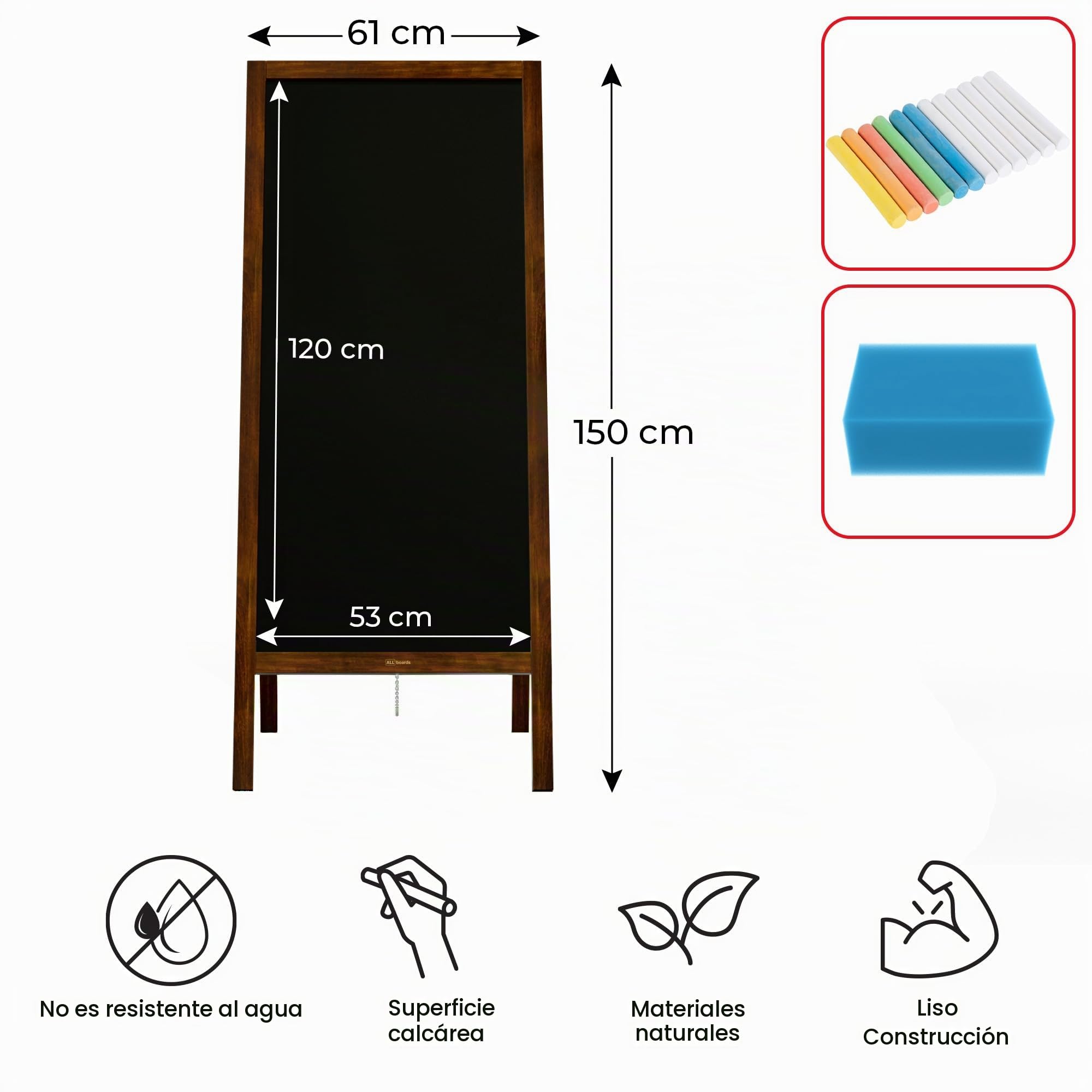 ALLboards Pizarra Caballete Con Marco De Madera Barnizado 150x61cm, Pizarra De Tiza De Acera Para Anuncios