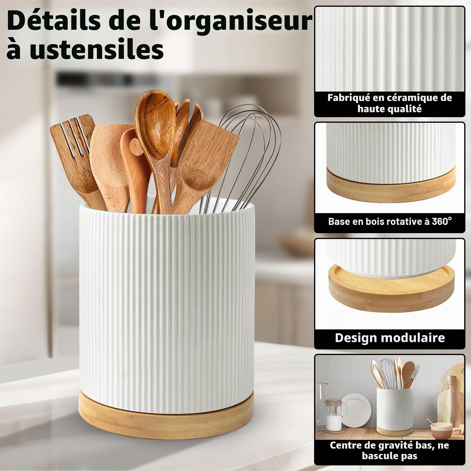 Porte Ustensiles Cuisine en Céramique: Porte-ustensiles en Bois Pivotant à 360°-Facile à Nettoyer Rangement pour ustensiles de Cuisine-Support pour Ustensiles de Cuisine pour Spatules Cuillères