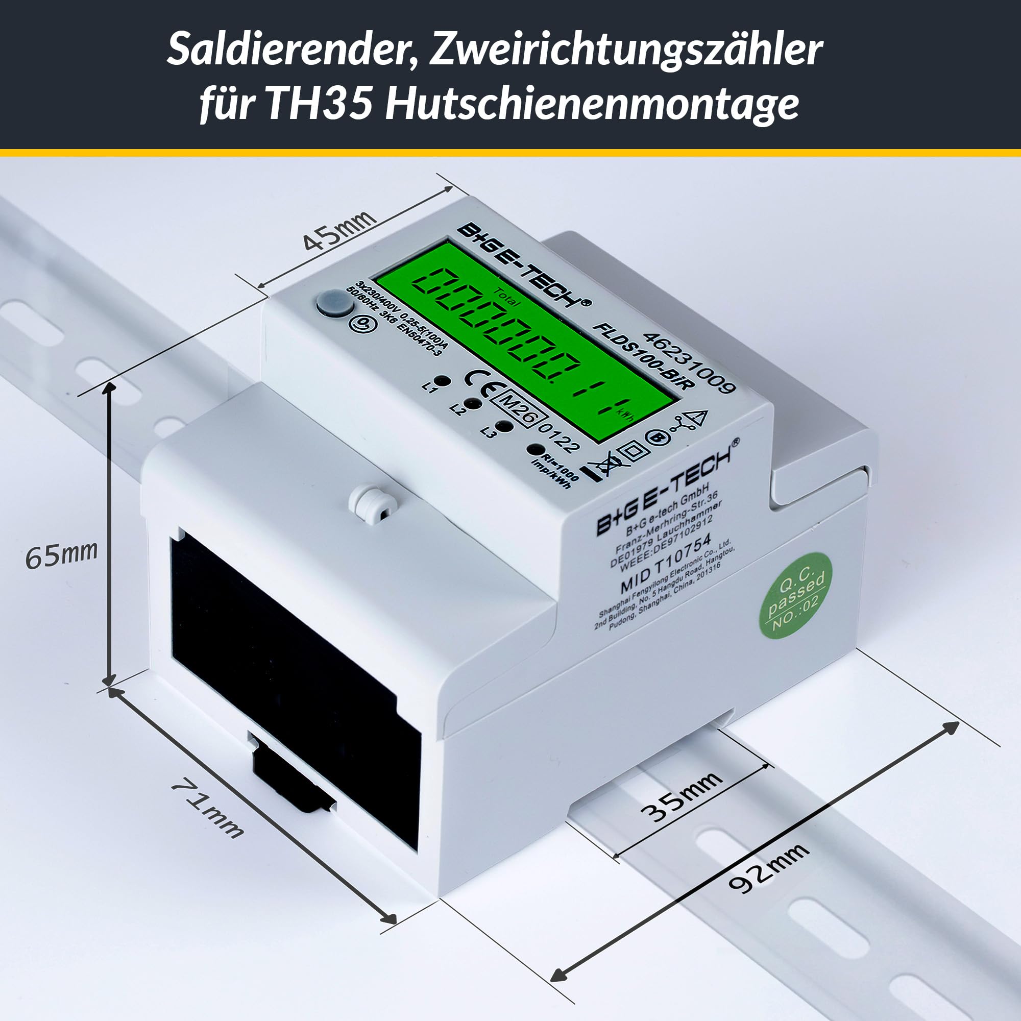 Digitaler 3-Phasen Drehstromzähler [FLDS100BiR - MID 26] - Stromzähler für TS35 Hutschiene, MID geeicht, digitaler LCD Drehstromzähler mit S0, 100A, 400V