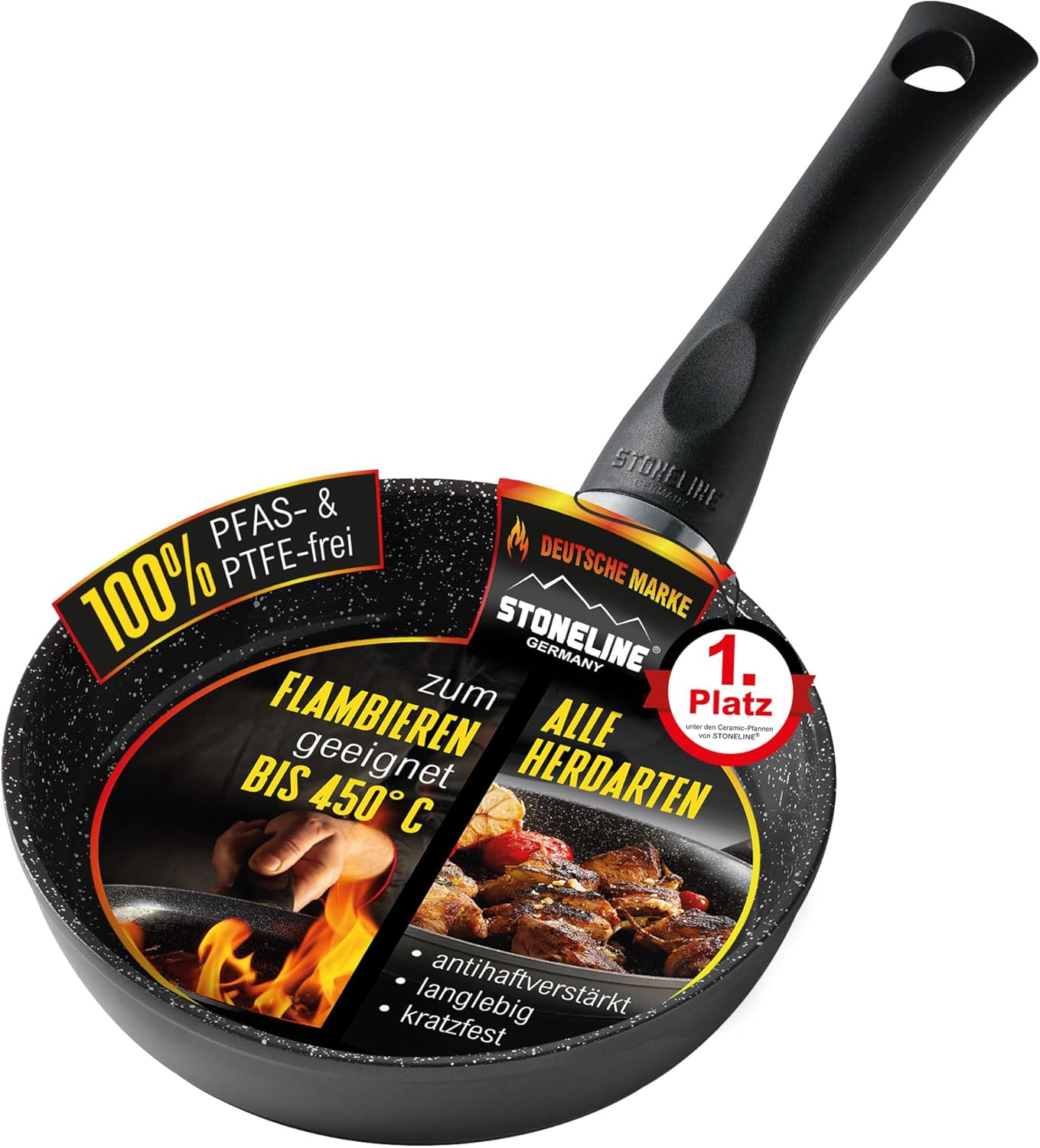 STONELINE Ceramic Frying Pan 16 cm, Suitable for Induction Cookers, PFAS-Free Ceramic Non-Stick Coating with Real Stone Particles, Black