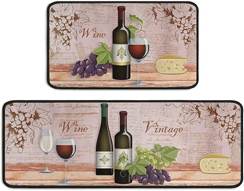 Juego de 2 alfombras y tapetes de cocina de vino, antideslizantes, lavables, con parte trasera antideslizante, juego de 2 alfombras de cocina para
