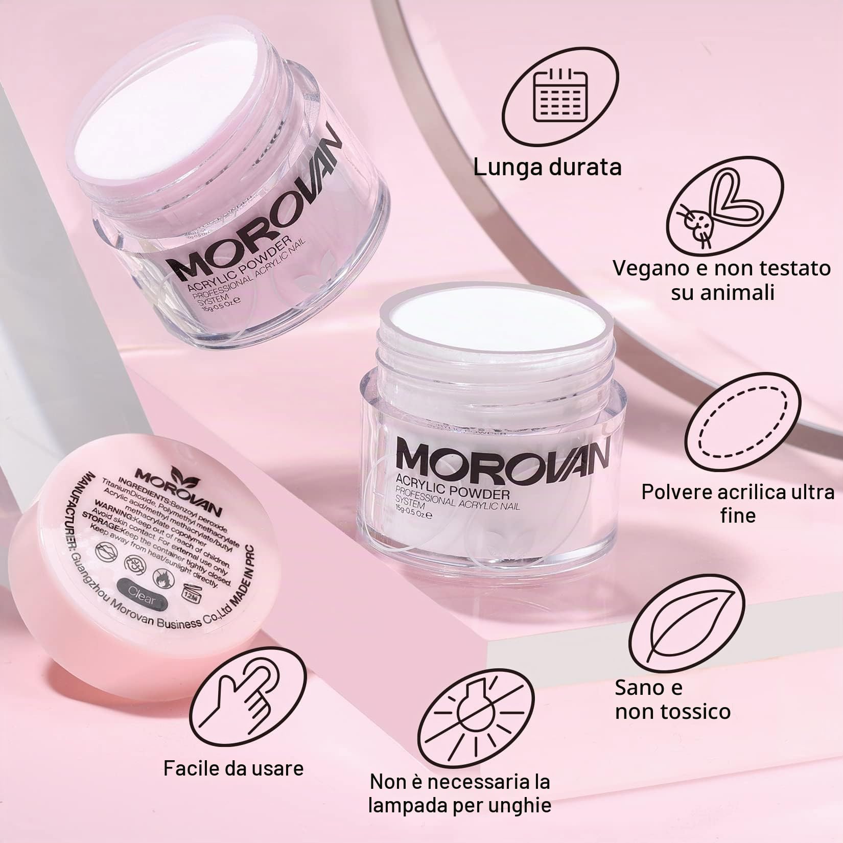 Morovan Polvere acrilica per unghie, 3 colori e 3 pennelli professionali, kit per principianti nail art