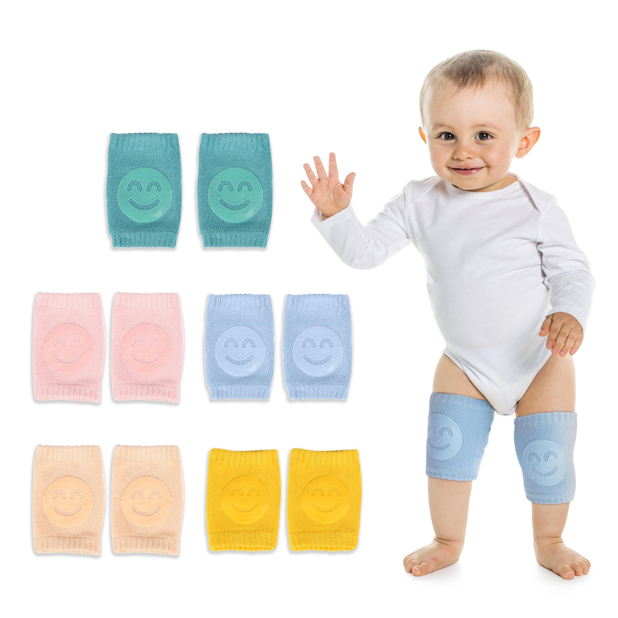 SooGree Baby Knee Pads (5 Pairs Smiley Style) For Crawling Toddler Leg Warms Non-slip Anti-Friction Elastic Cotton Socks For Crawling 6-24 Months Babies