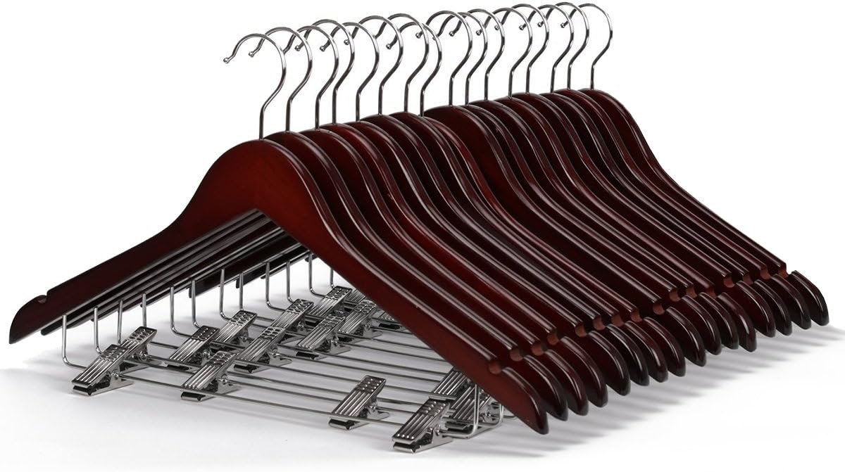 LOHAS Home 43cm Hardwood Wooden Coat Garment Hanger with Trouser/Skirt Clips, Pack of 10, Walnut Finished