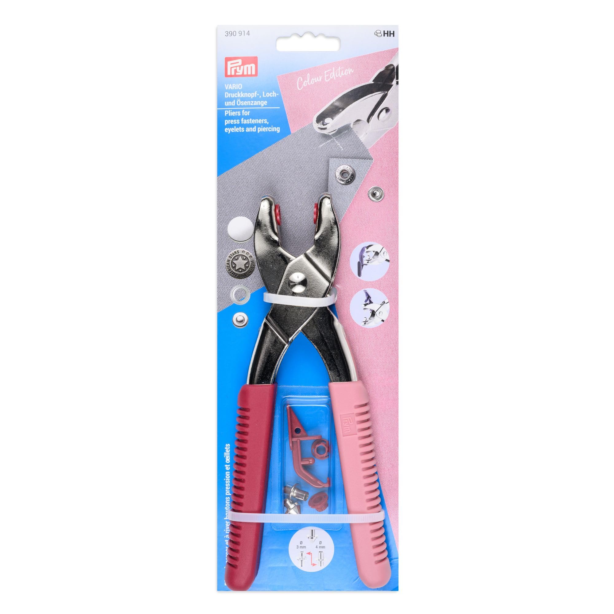 Prym 390914 Vario - Pinzas para botones de presión, ojales, remaches y botones de mezclilla, incluye herramienta de perforación, mango ergonómico, accesorios de costura versátiles