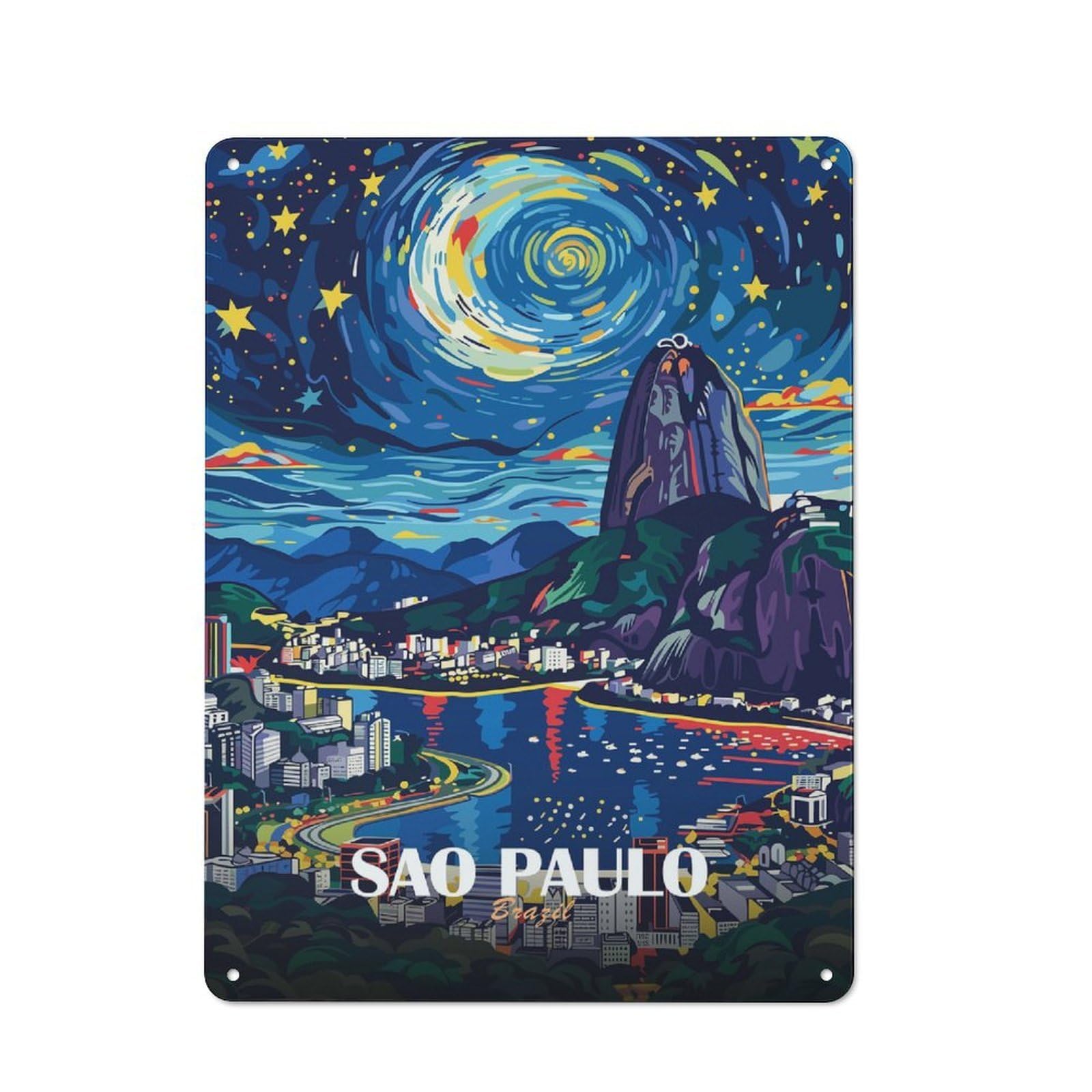 Junmoney Style-16 Sao Paulo Brazil Nightscape Art Cafe Metal Sign 40X30cm, Bistro Style Bistro Wall Plaque For Coffee Bar, Small Shop Or Dining Room