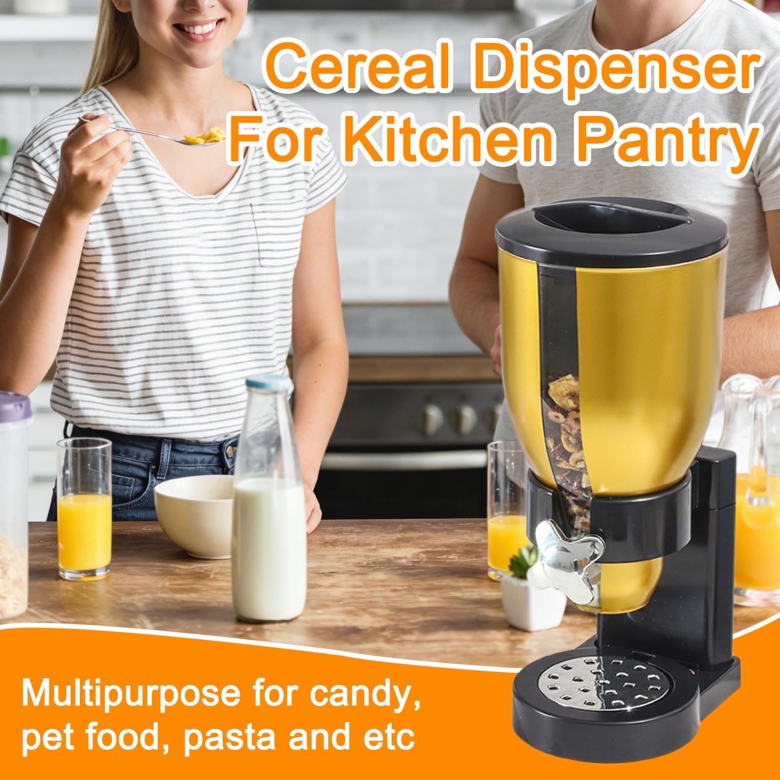 Distributore di Cereali da Banco, Dispenser di Cibo Secco, Contenitori per Snack con Coperchio per Cereali, Noci, Caramelle, Snack, Riso, Farina D'avena, Cibo per Animali Domestici(Gold,3.5L)
