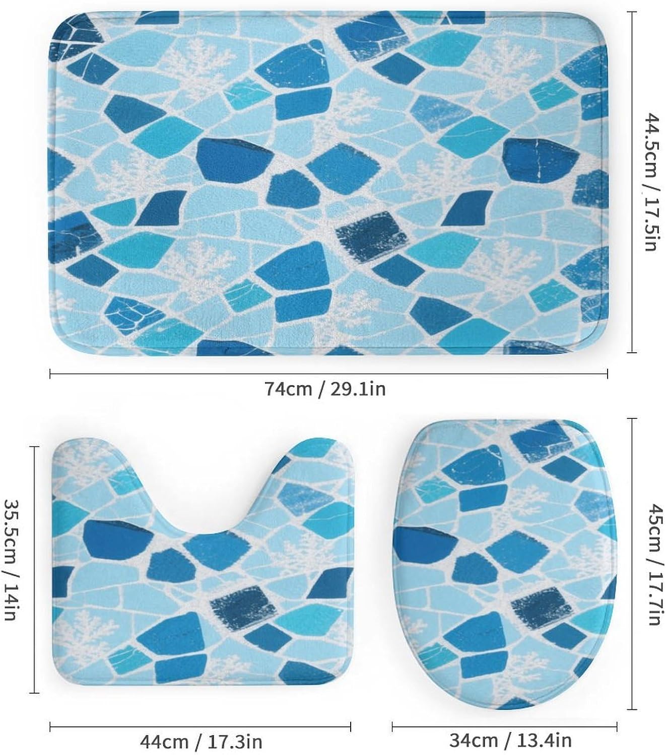 Cracked Glass Bath Rug Set 4 Piece,Bathroom Accessories Set-Toilet Rugs U Shaped,Toilet Lid Cover,Shower Curtain and Rugs,Ultra Soft, Absorbent,Home Decor
