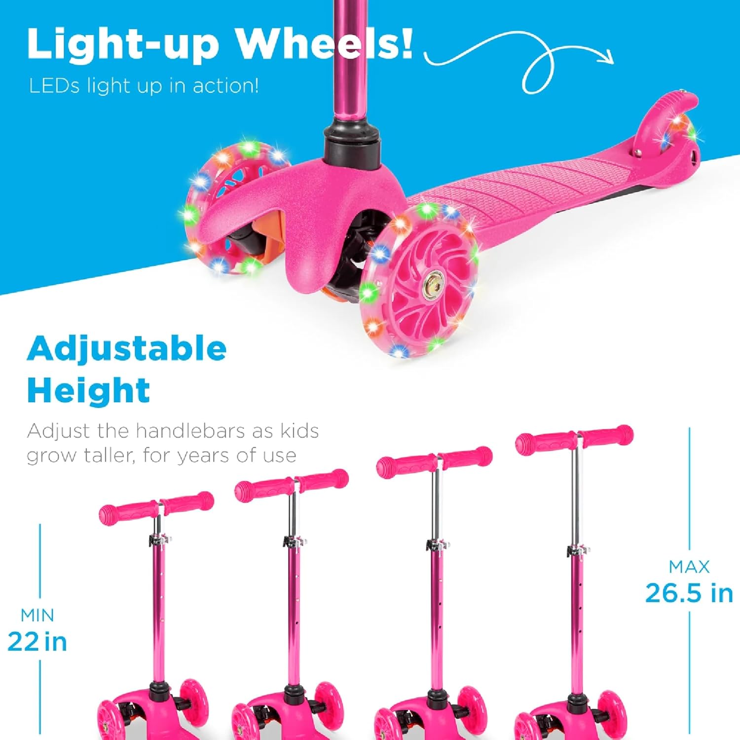 Best Choice Products Kids Mini Kick Scooter Toy w/Light-Up Wheels, Height Adjustable T-Bar, Foot Break - Light Pink